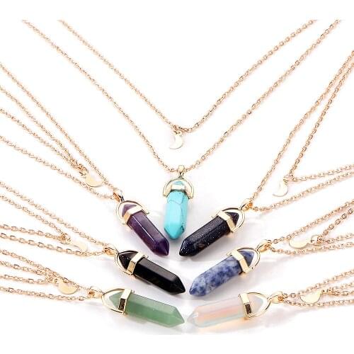 Chakra Necklace Hexagon Column Fashion Moon Crescent Bullet Pendulum Pendant Necklace
