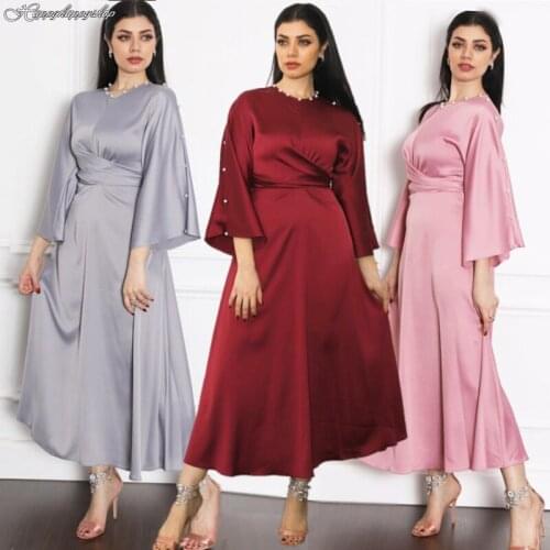 Spring Satin Kaftan Abaya Female Beaded Dress Dubai Party Gown Islamic Muslim Women Clothing Turksih African Maxi Dresses