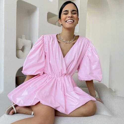 Fashion V Neck Half Puff Sleeve Dresses Women Elegant Pullover Pleated Mini Summer Dress Women Summer Elegant Dresses Ladies