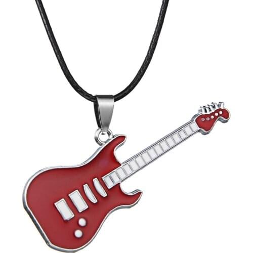 Trendy Guitar Necklace Pendant Free Chain Stainless Steel Punk Rock Music Jewelry Leather Chain Music Gift Hip Hop Rock Jewelry