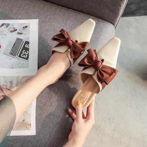 Big silk bow sandals pointed toe leather summer shoes woman strange round heels slides mules sandalias mujer plus size 41 NS97