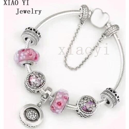XIAOYI 2020 New 100% S925 Pink flower flip love safety chain personality charm high quality bracelet birthday for girlfriend