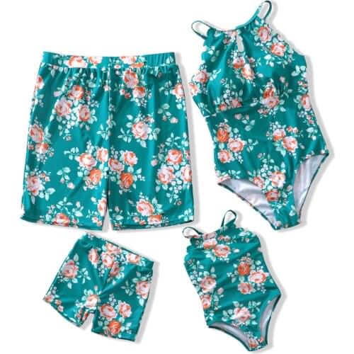 Green Family Matching Swimwear Mother Daughter One-piece Bikini Set Father Son Swimming Trunks Girl Swimsuit Flower Printed