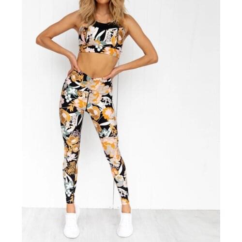 NORMOV Casual Sets For Women Flower Print O Neck Sleeveless Backless Top High Waist Polyester Sets Fitness Push Up Female Sets