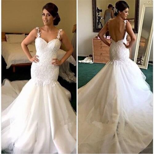 Top Quality Spaghetti Straps Sweetheart Mermaid Wedding Dresses 2019 Lace Appliques Backless Floor Length Bridal Gowns kaftan
