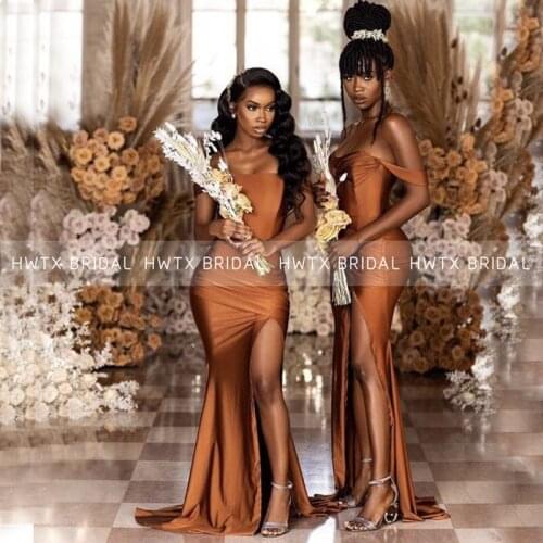 2021 Sexy Mermaid Bridesmaid Dresses Off the Shoulder Slit Elastic Satin Wedding Party Dress robe de soirée de mariage Customize