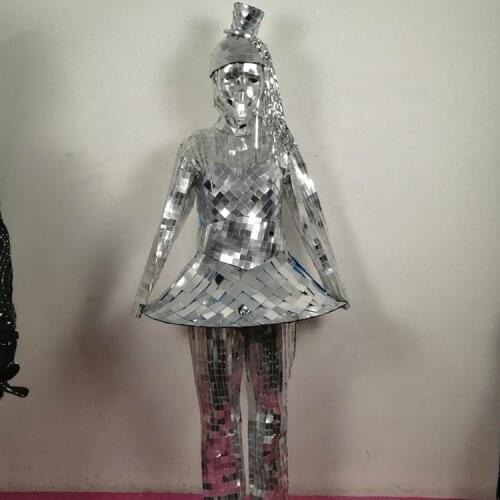 Sparkly dj gogo costumes Silver Mirror dress mirror men robot dance costume women singer stage show wear