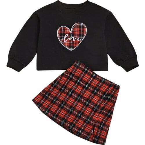 Kids Baby Girls Sets Autumn Clothes Love Heart Plaid Print Sweatshirt+Plaids A-Line Skirts Children Valentines Day Suits 2-7Y