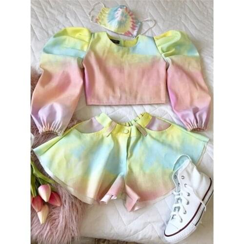 New Arrival Girls Fashion Clothes Set 2 Pieces Suit Tie-Dye Printed Long Sleeve T Shirts Tops Shorts Kids Sets Girls Clothes