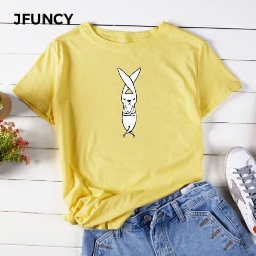 JFUNCY Cute White Rabbit Cartoon Printed Women T-Shirt Summer Cotton Tees Tops Plus Size Woman Shirts Female Casual Tshirt 2020