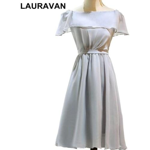 Girls short real sample robe de soiree elegant off shoulder plus size gray knee length bridesmaid gown dress bridesmaids dresses