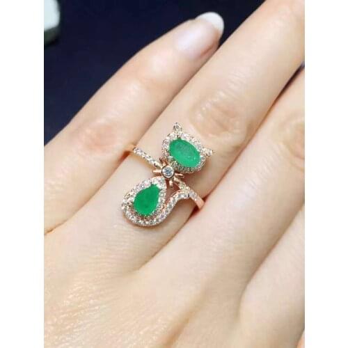 Cat Ring Natural emerald ring Free shipping 925 sterling silver Fine jewelry