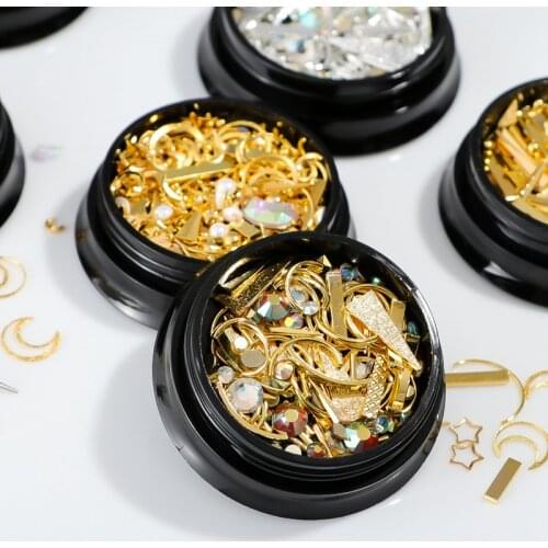 1jar metal 3D Nail Art star moon bullion designs Gold Silver Alloy Rivet studs mini beads manicure Nails tips Decorations Flakes
