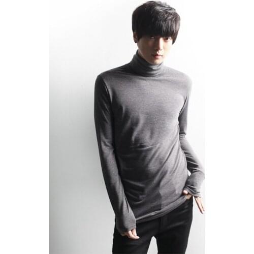 Mens high collar long sleeve T-shirt with solid color stand collar, simple and loose underwear