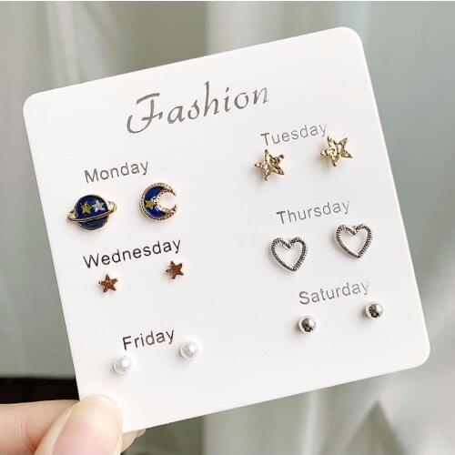 Fashion Girls Silver Crystal Rhinestone Pearl Female Ear Stud 6 Pair New Jewelry Elegant Heart Earrings Set