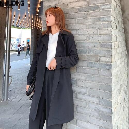NIJIUDING 2020 Autumn Womens Fashion Casual Trench Loose Coat Mid-length Jacket Streetwear Open Stitch Solid Long Sleeve Ladies