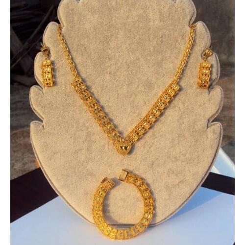 Ornate 14 k Yellow Solid Gold FINISH Womens Birthday Necklace Earrings Bracelet Sets Fine Jewelry