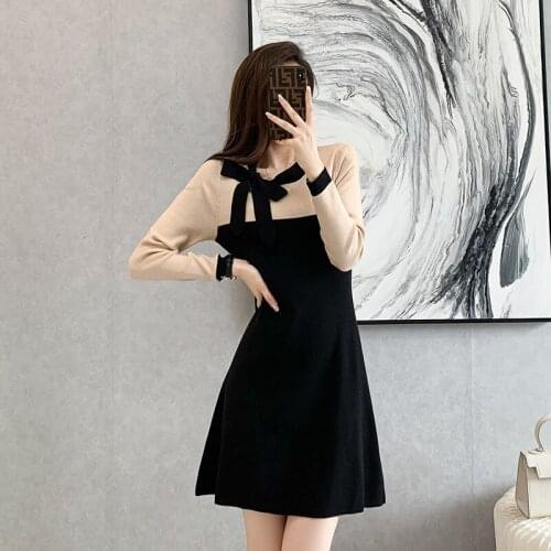 Autumn Winter Knitted Dress Women Bow Collar Hit Color Mini Sweater Dress Casual Girls Long Sleeve A-line Bottom Vestidos