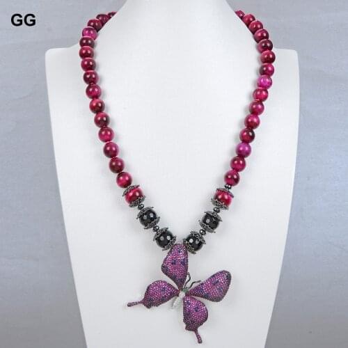 GG Jewelry Natural Rose Tiger Eye Round Faceted Black Onyx Necklace Cubic Zirconia Pave Butterfly Pendant 20" For Women
