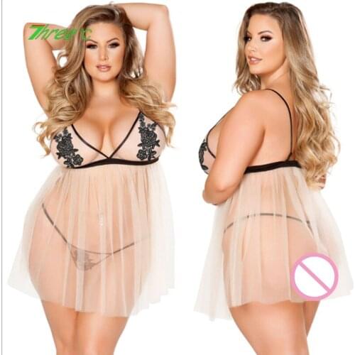3XL-5XL Womens Sexy Sling Sleepwear Large Size Mesh See-through Skirt Thong Two-piece Underwear Erotic Lingerie Exotic Apparel