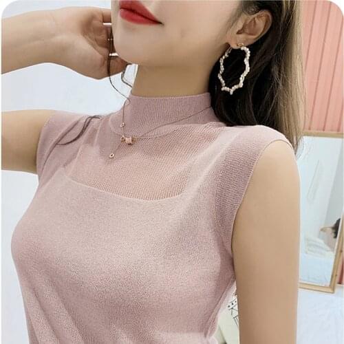 Half High Collar Sexy Tank Tops Women Sleeveless Knitted Vest Female Elasticity Solid Slim Pullover 2021 Summer Solid Bottoming