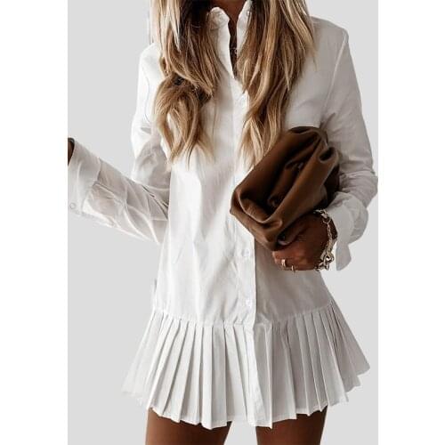2020 Autumn Long Sleeve White Pleated Shirt Dress Women Turn Down Collar Casual Mini Dress Button Female A Line Office Vestidos
