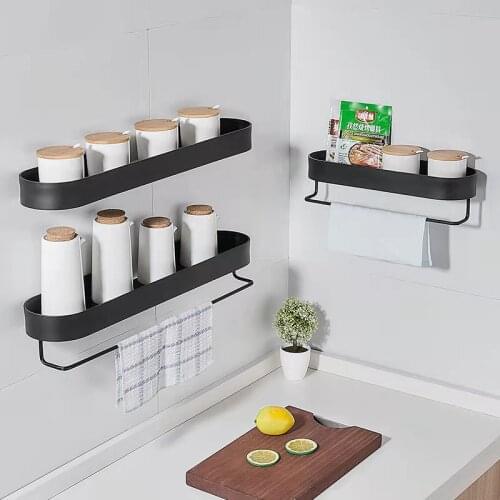 Black Wall Shelf Kitchen Towel Holder Bathroom Shelf Rack Shower Storage Basket Kitchen Organizer Metal Nail-free installation