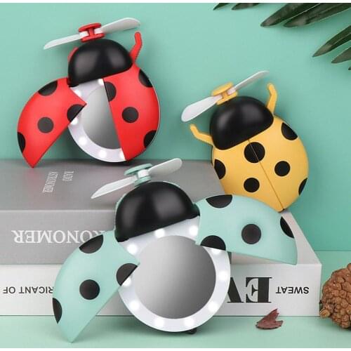 Mini Portable Ladybird Shaped USB Rechargeable Fan LED Fill Light Makeup Mirror Multi-functional, USB Rechargeable