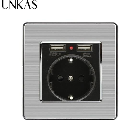UNKAS 16A EU Socket Power Outlet Stainless Steel Black Dual USB Charging Port 5V 2.1A Wall Charger Adapter LED Indicator