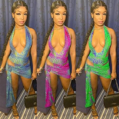 ZKYZWX Sexy Print Two Piece Set Summer Vacation Outfits for Women Off Shoulder Bodysuit Bodycon Mini Dresses Club Matching Sets