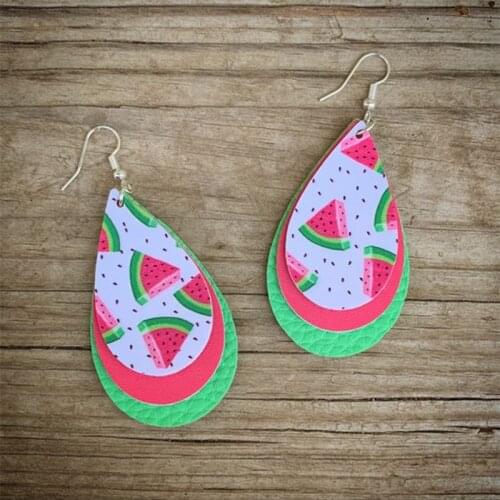 New Triple Watermelon Slice Patterned Faux Leather Earrings Layers Red and Green Lightweight Earrings