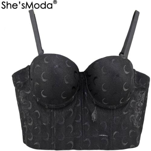 ShesModa Mesh Moon Print Bustier Push Up Night Club Bralette Womens Bra Cropped Top Vest Corset Plus Size