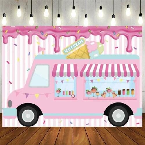Ice Cream Truck Shop Background Summer Baby Girls Party Pink Car Photography Backdrop Baby Shower Birthday Cake Table Decoration