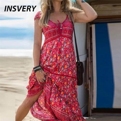 Vintage Floral Print Long Dresses Sexy Lace Up V Neck Beach Maxi Dress Women Elegant Party Dress A-Line Beach Dress Boho
