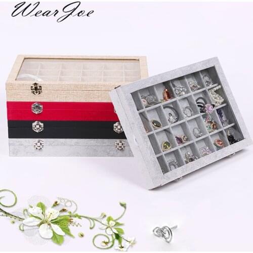 3 Styles Glass Top Jewelry Velvet Tray Decorative Accessory Storage Box 12/24/36 Grids Ring Earring Pendant Stand Casket Holder