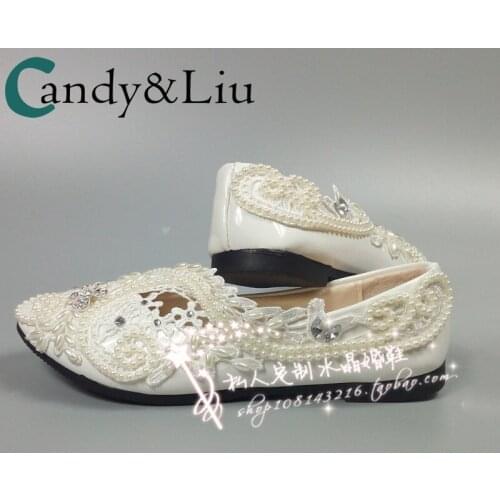 Woman flat princess pearl lace wedding shoes water diamond brides bridesmaid crystal wedding dress photo flat bottom