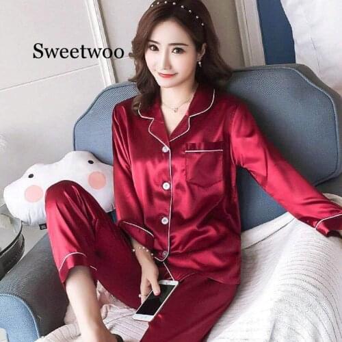 Womens Satin Pajamas Set Long Sleeve and Long Button-Down Sleepwear Loungewear M-5XL