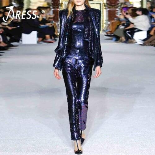 INDRESSME 2019 Fashion V-Neck Sexy Sequined Blazer Lace Up Top Long Pant Suits Set Formal Women Office Lady 2 Pieces Sets