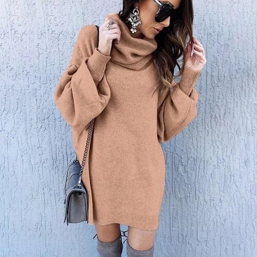 Women Warm Sweater Autumn Winter Dress Pullovers Bodycon Knitted Turtleneck Solid Mini Dresses Long Sleeve Casual Femme Vestidos