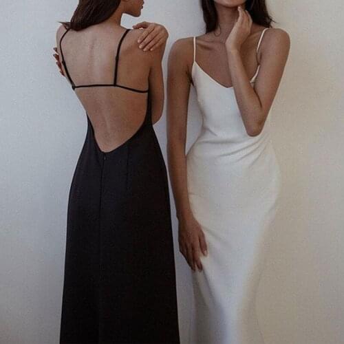 Women Sexy Backless Solid Color Dress Stylish Sleeveless V-neck Dress for Ladies