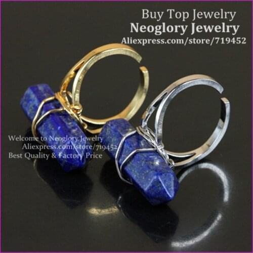10pcs Natural Lapis Lazuli Gems Finger Ring Gold/Silver Wire Wrapped Bail Point Ring Hexagon Reiki Charka Quartz Druzy Ring