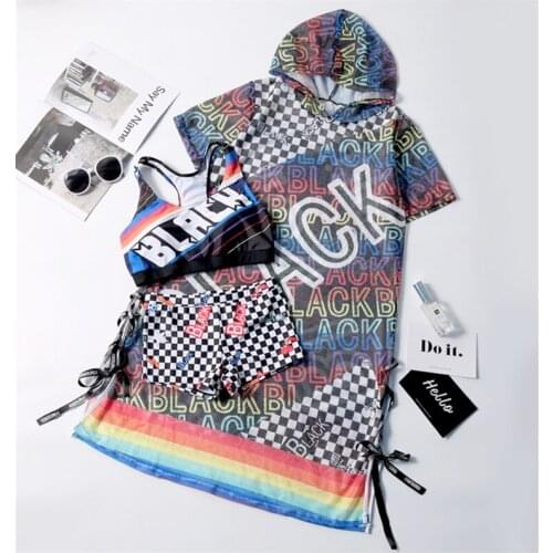 2021 Women Letter Plaid Three Pieces Bikini Set Push Up Bathing Suit Swimwear with Cover Up Sexy Biquini Swimsuit Swim Beachwear