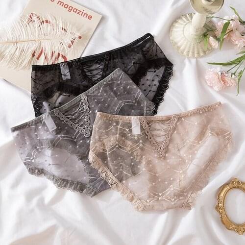 3Pcs Women Panties Sexy Lace Thongs Ultra-thin Mesh Transparent Lingerie Womens Soft Briefs Bow Panty Hollow Out Underwear