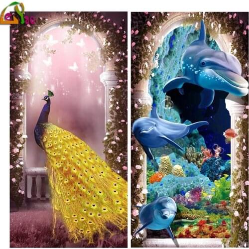 5D Space Corridor Arch Dolphin Peacock Diamond Painting Porch Full Diamond Embroidery Pictures Living Room Home Hallway Decor