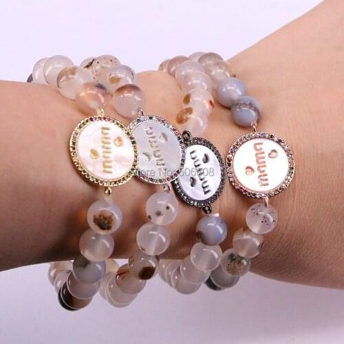 6PCS ZYZ-B2613 "mama" Jewelry Bracelet Colorful CZ Micro Pave round shell with agates stone women Bracelet