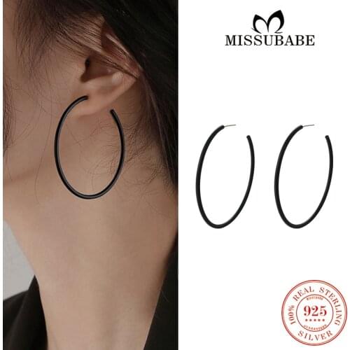 925 Sterling Silver Big Round Hoop Earrings Elegant New Fashion Black Simple Ear Studs Brincos Jewelry Gift Pendientes Aretes