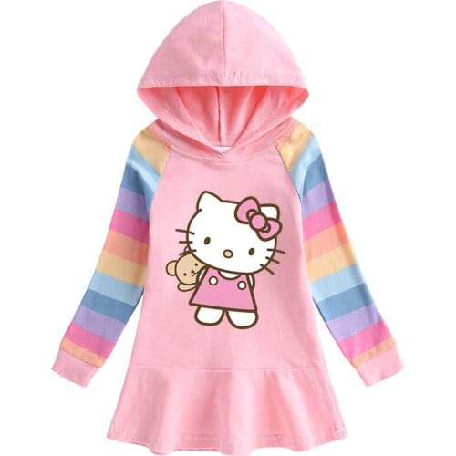 Sanrio hello kitty 2021 spring autumn cartoon cotton rainbow girl dress childrens long-sleeved hooded sweater princess jacket