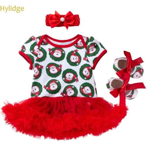 Hylidge Toddler Baby Christmas Printed Dress Shoes Headband Set 0-2Y Newborn Props Clothes Set Red My First Christmas Dress Set