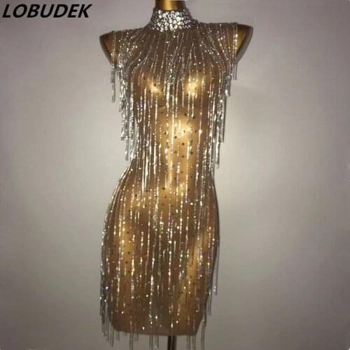 Sparkly Diamond Chain Transparent Mesh Mini Dress Women Birthday Party Prom Rhinestones Dresses Nightclub Bar Singer DS Costume