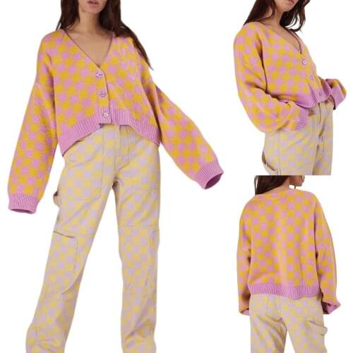 Women Knitted Cardigan, Splicing Checked V-Neck Long Sleeves Button-Open Knit Coat for Girls, Yellow Purple